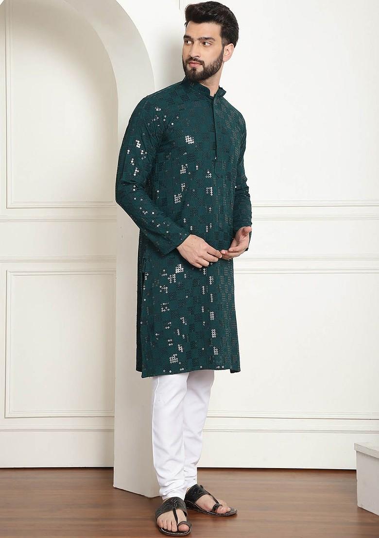 Green Embroidered Cotton Kurta Set For Men