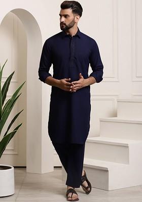 Navy Blue Thread Work Cotton Kurta Set For Men
