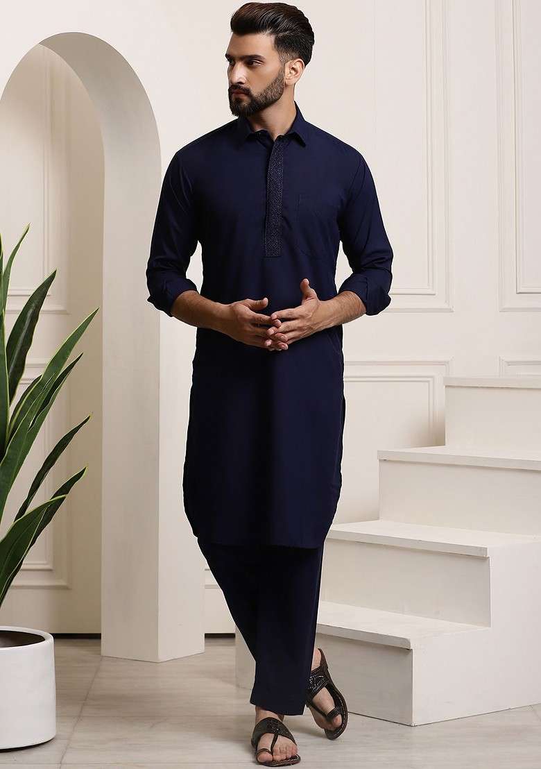 Navy Blue Thread Work Cotton Kurta Set For Men - Indya