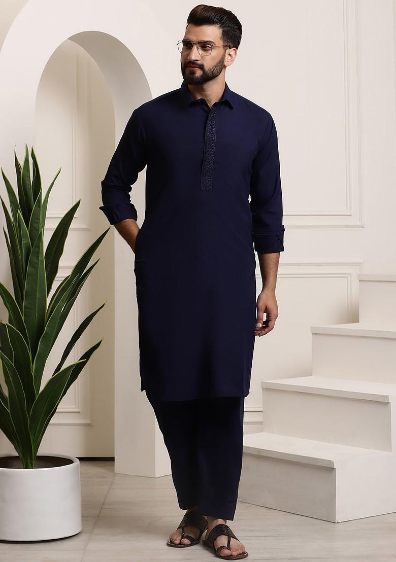 Navy Blue Thread Work Cotton Kurta Set For Men