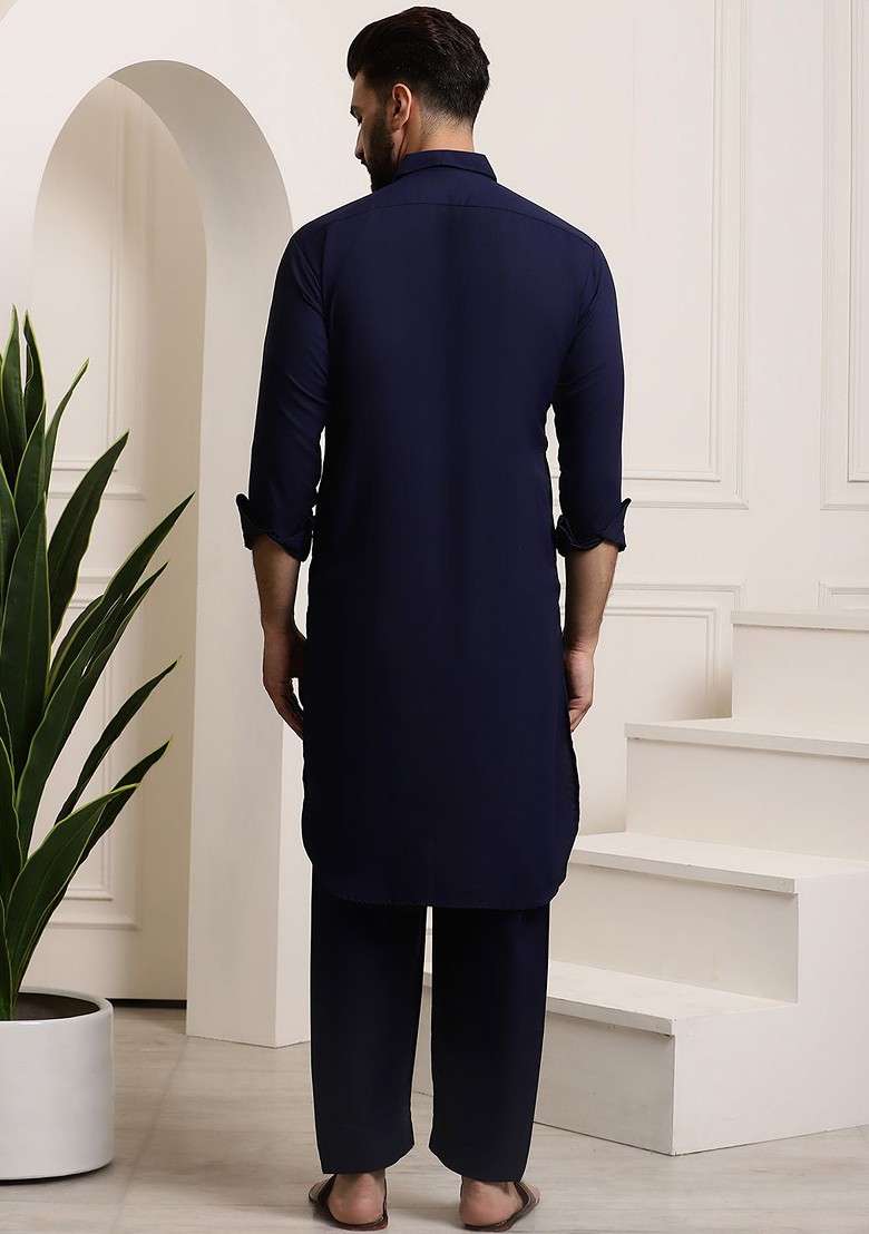 Navy Blue Thread Work Cotton Kurta Set For Men - Indya