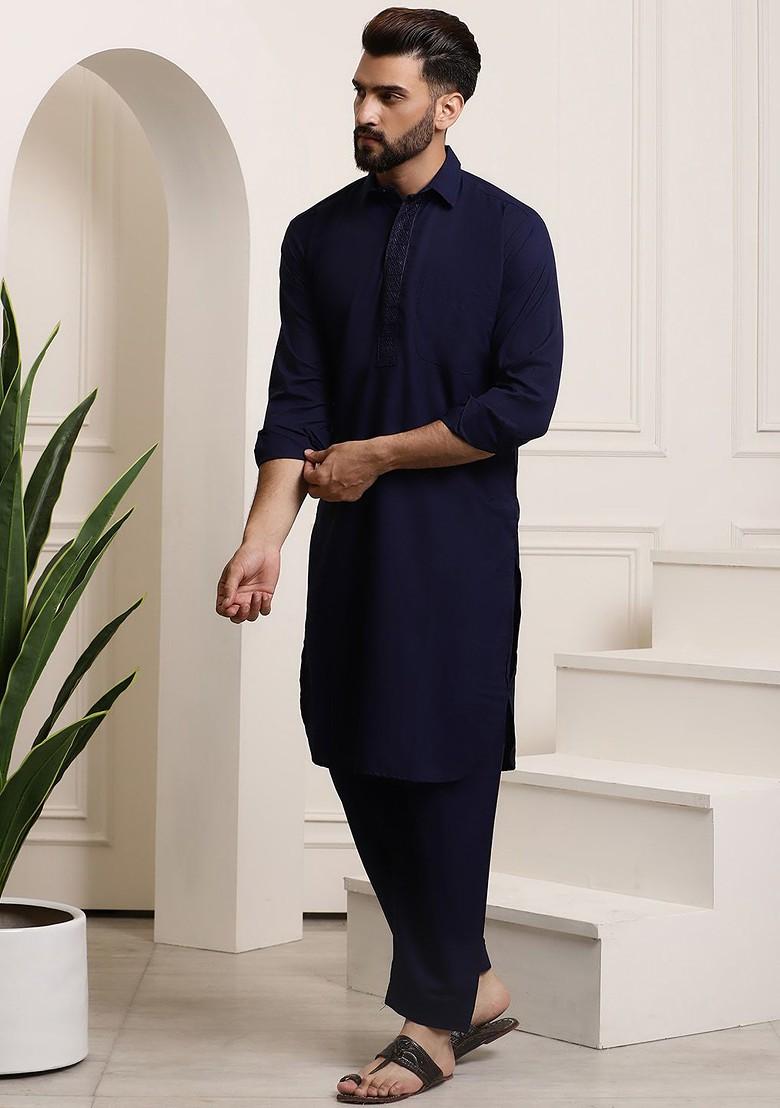 Navy Blue Thread Work Cotton Kurta Set For Men