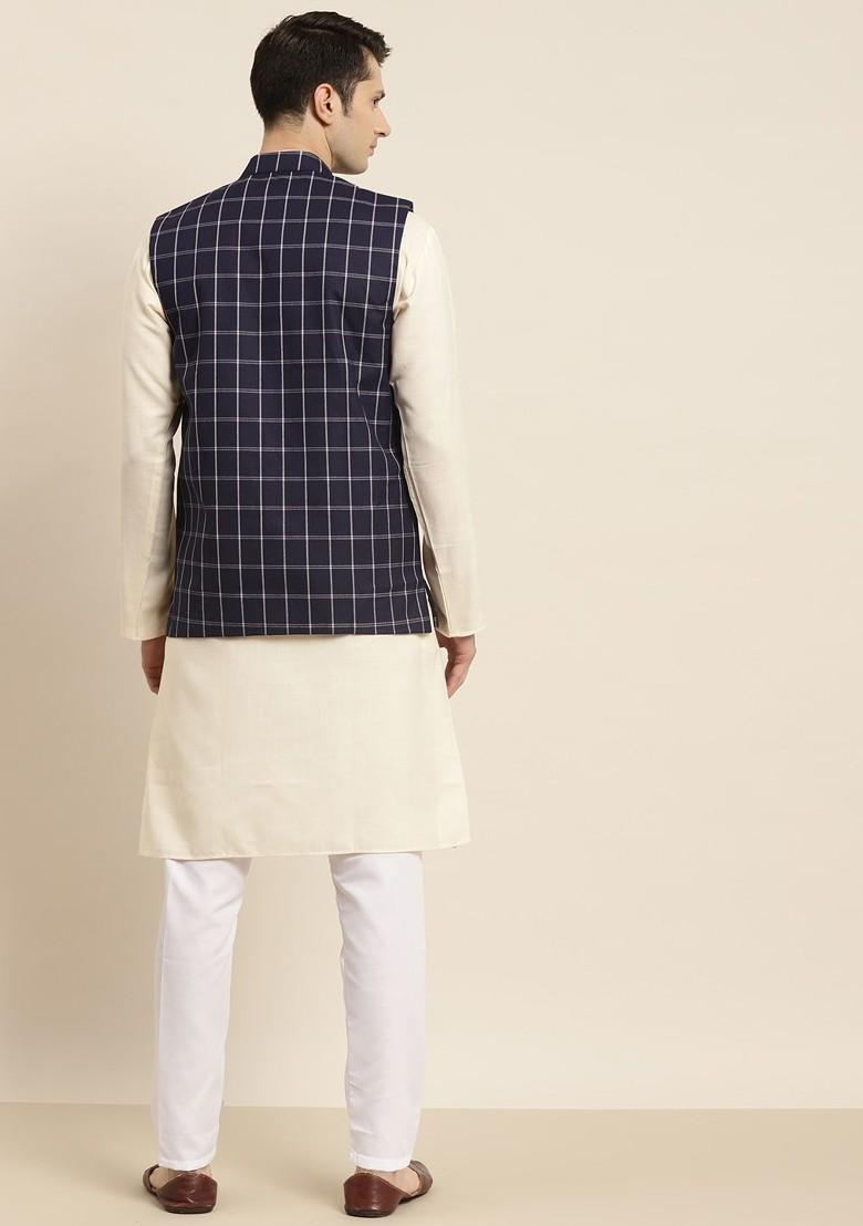Cream Solid Poly Blend Kurta Set For Men