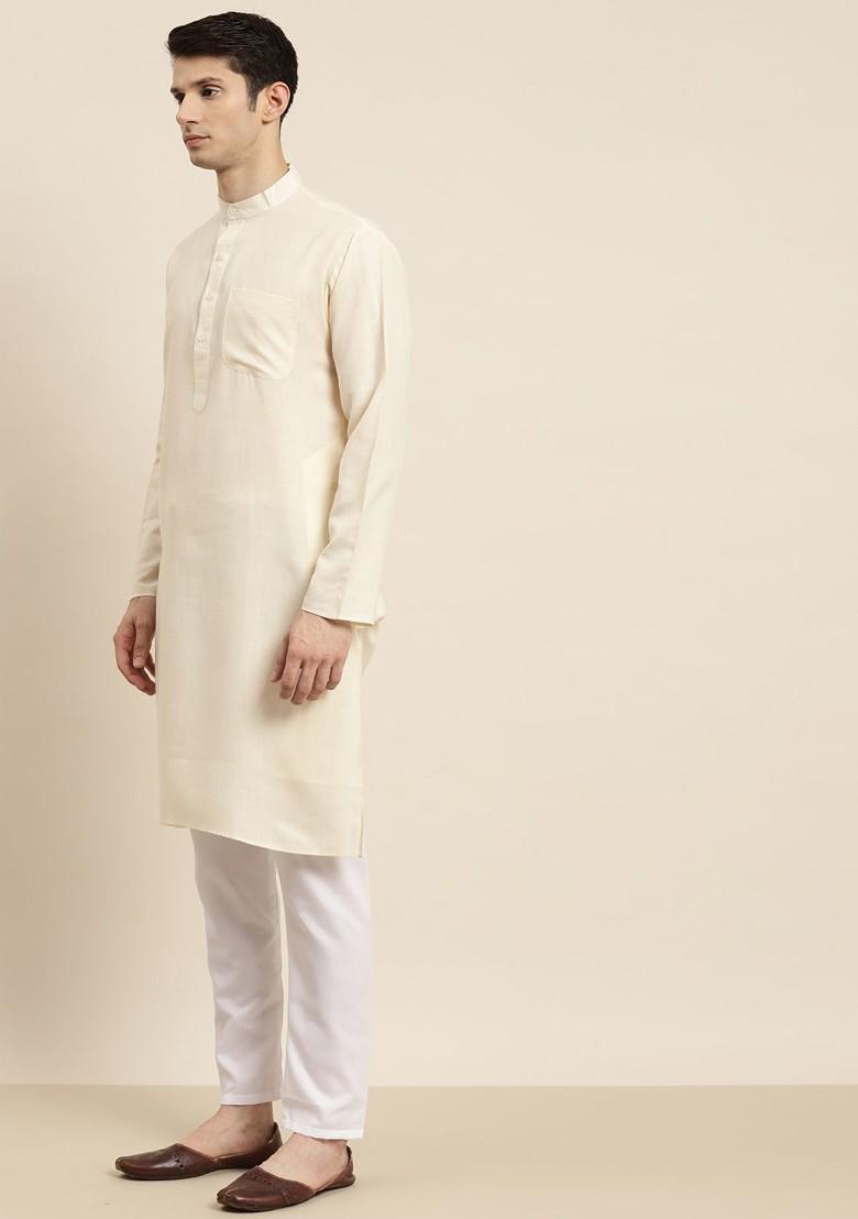 Cream Solid Poly Blend Kurta Set For Men