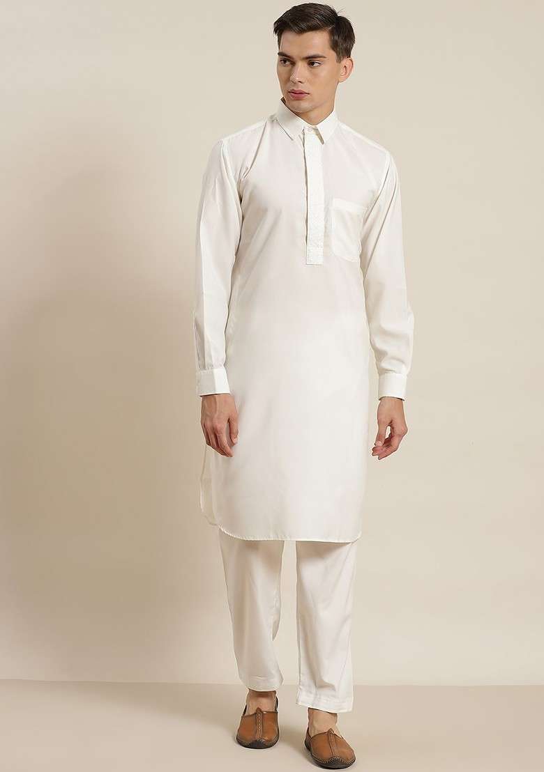 Off White Solid Cotton Kurta Set For Men - Indya