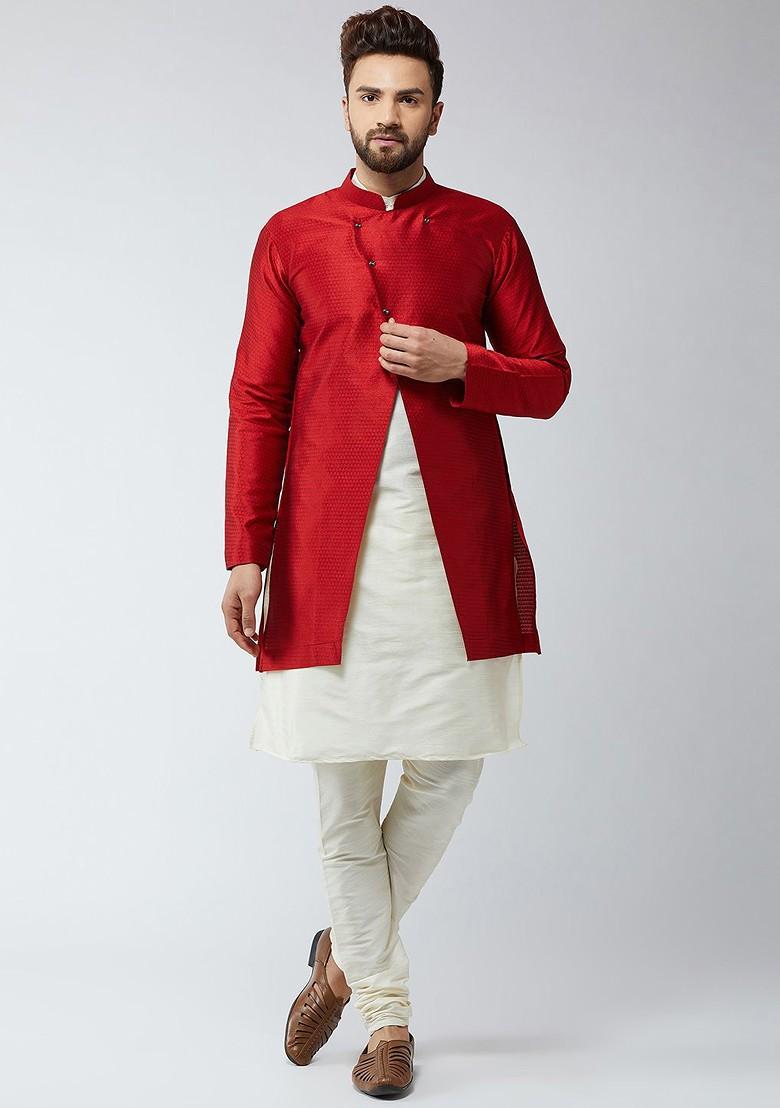 Cream Solid Poly Blend Kurta Set For Men