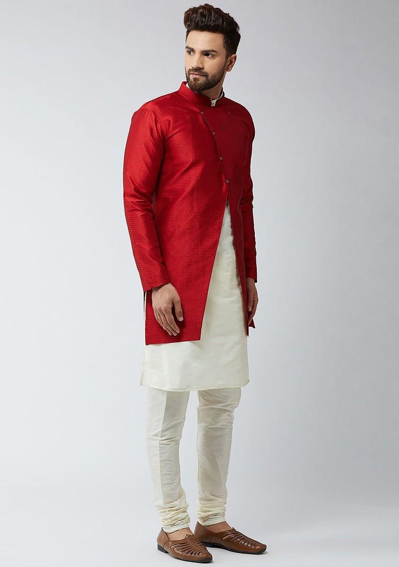 Cream Solid Poly Blend Kurta Set For Men