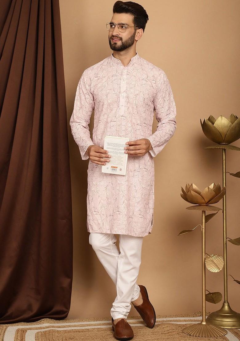 Pink Thread Work Cotton Kurta Set For Men