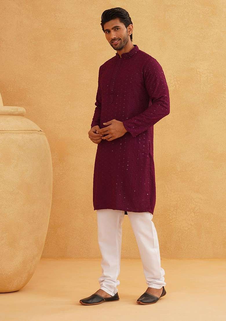 Purple Embroidered Cotton Kurta Set For Men - Indya