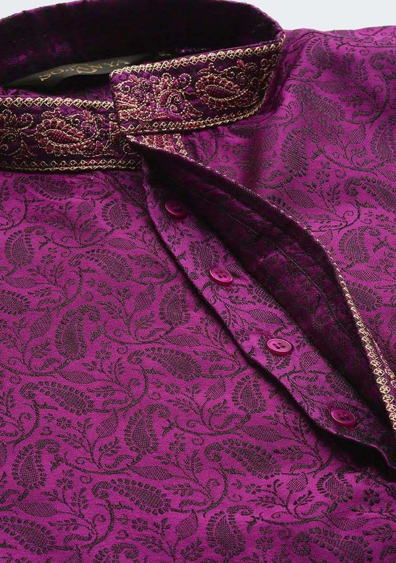 Magenta Woven Poly Blend Kurta Set For Men