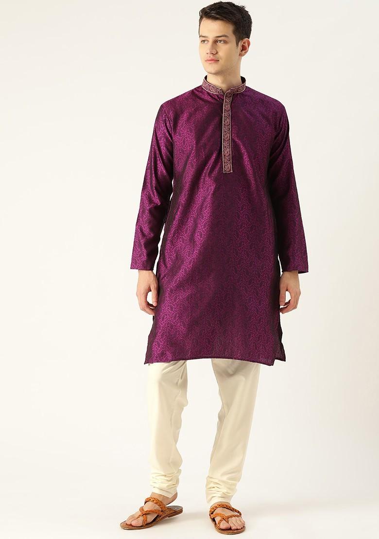 Magenta Woven Poly Blend Kurta Set For Men