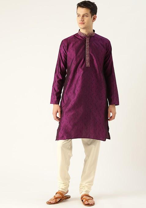 Magenta Woven Poly Blend Kurta Set For Men — view on Indya