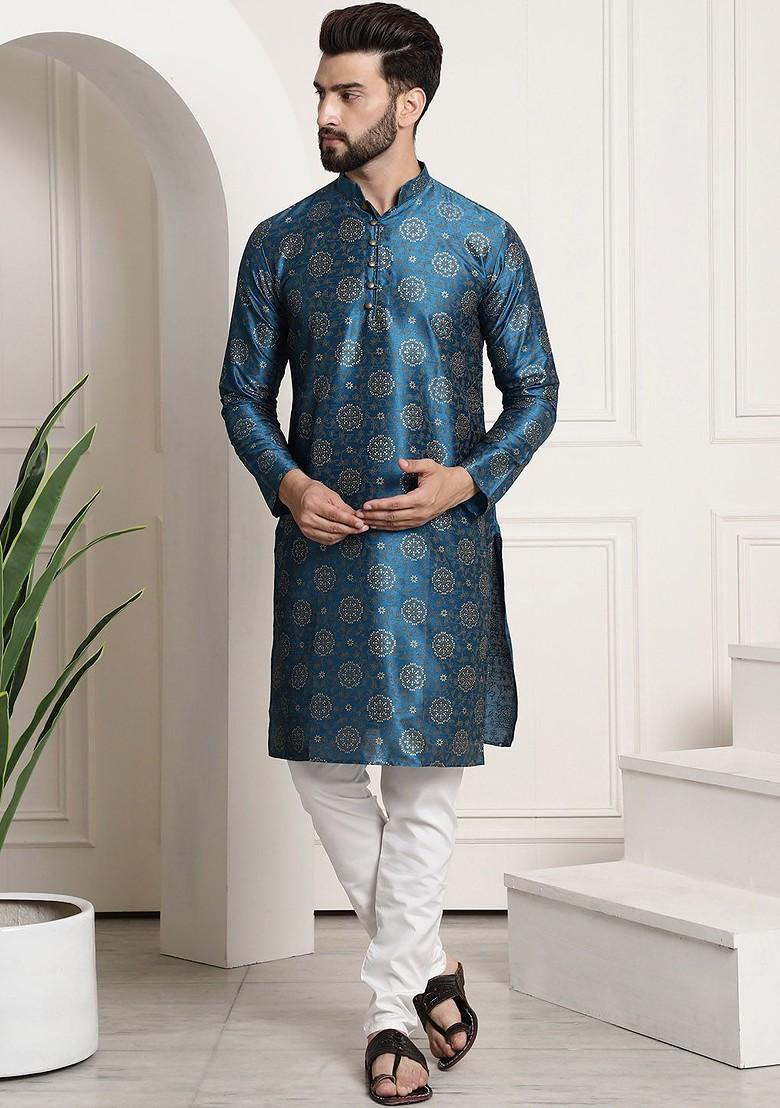 Teal Blue Ethnic Motifs Poly Blend Kurta Set For Men