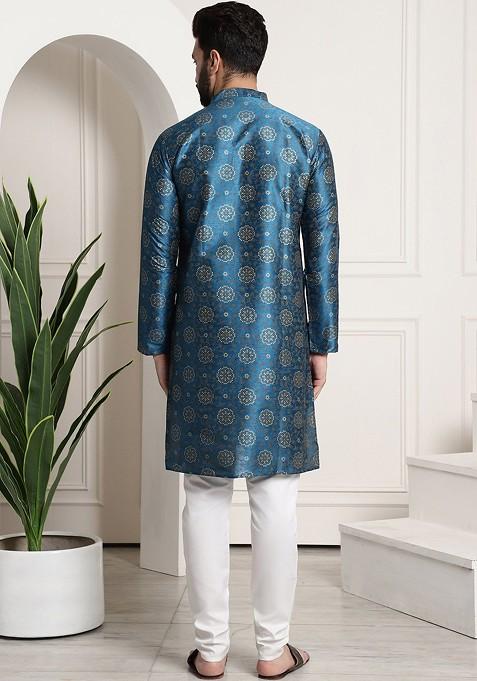 Teal Blue Ethnic Motifs Poly Blend Kurta Set For Men