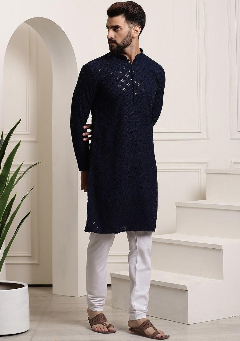Navy Blue Embroidered Cotton Kurta Set For Men