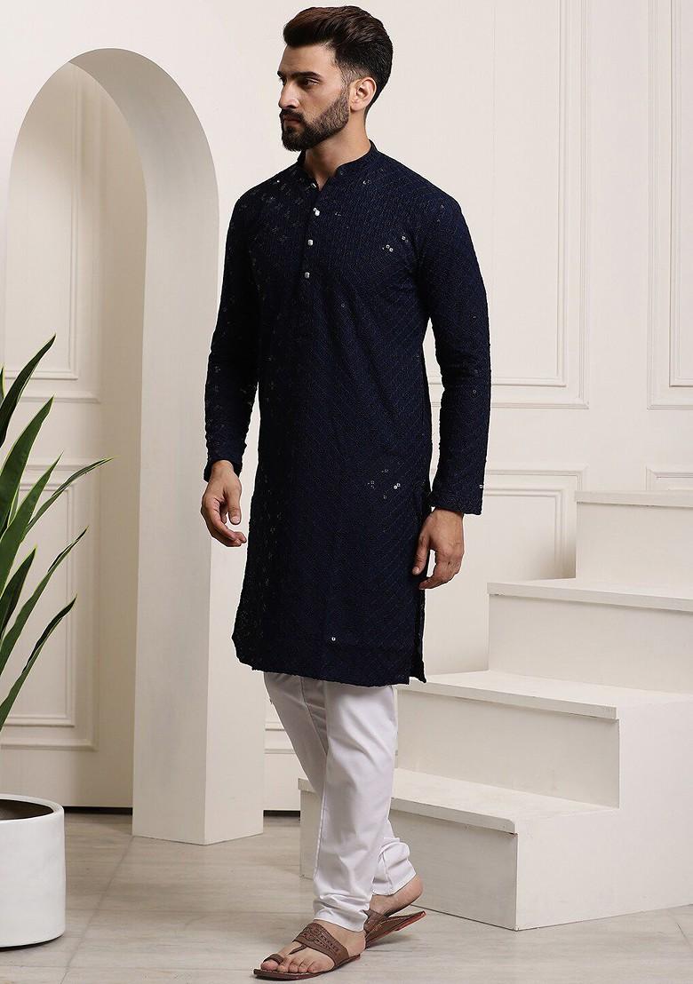 Navy Blue Embroidered Cotton Kurta Set For Men