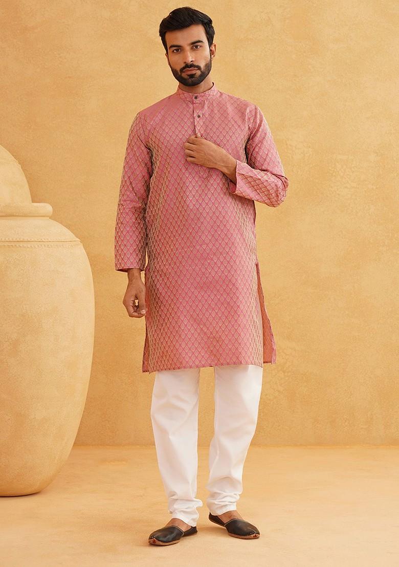 Pink Woven Poly Blend Kurta Set For Men