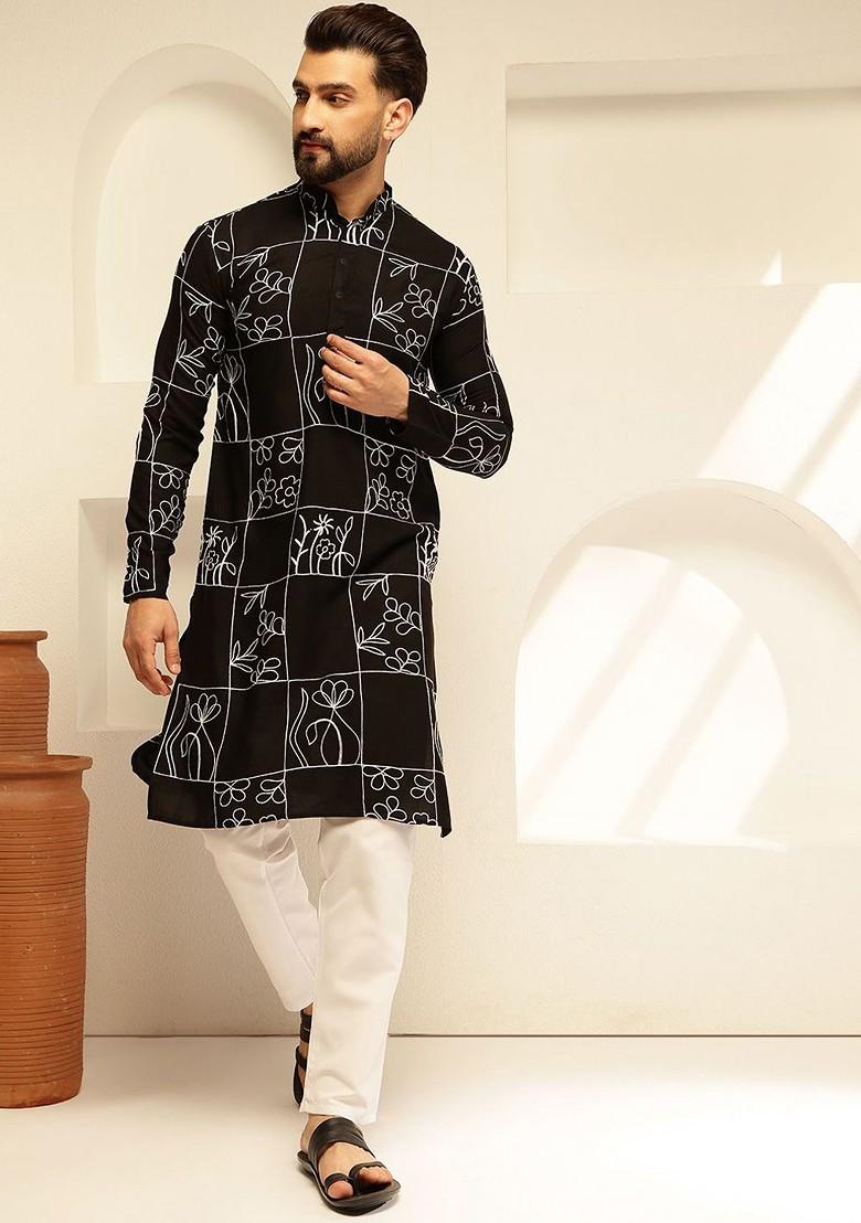Black Thread Work Poly Blend Kurta Set For Men
