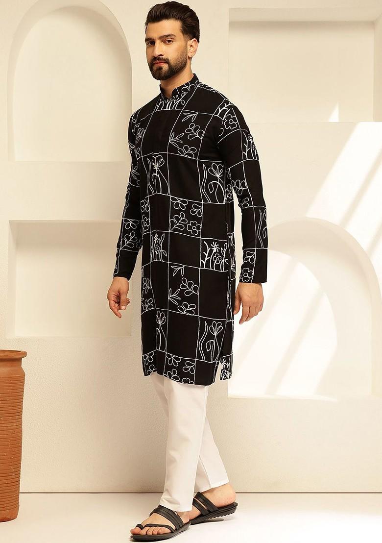 Black Thread Work Poly Blend Kurta Set For Men