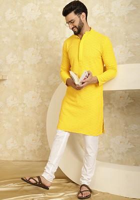 Mustard Embroidered Cotton Kurta Set For Men