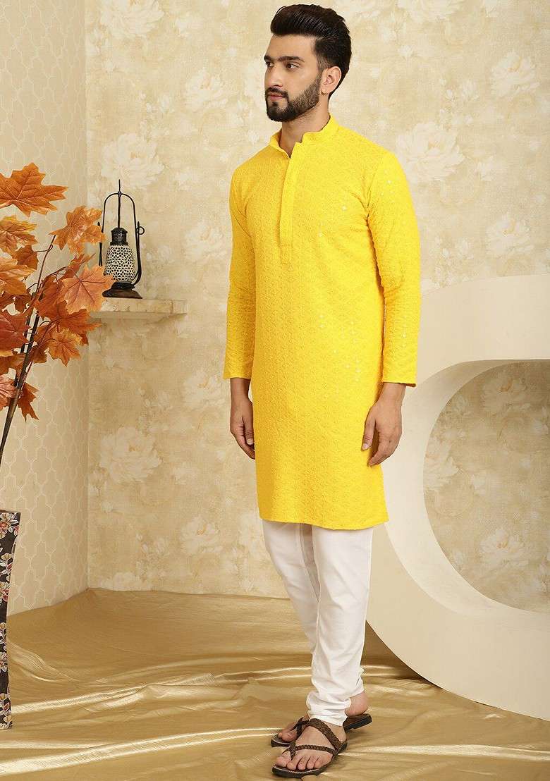 Mustard Embroidered Cotton Kurta Set For Men - Indya