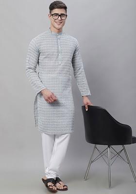 Grey Thread Work Cotton Kurta Set For Men