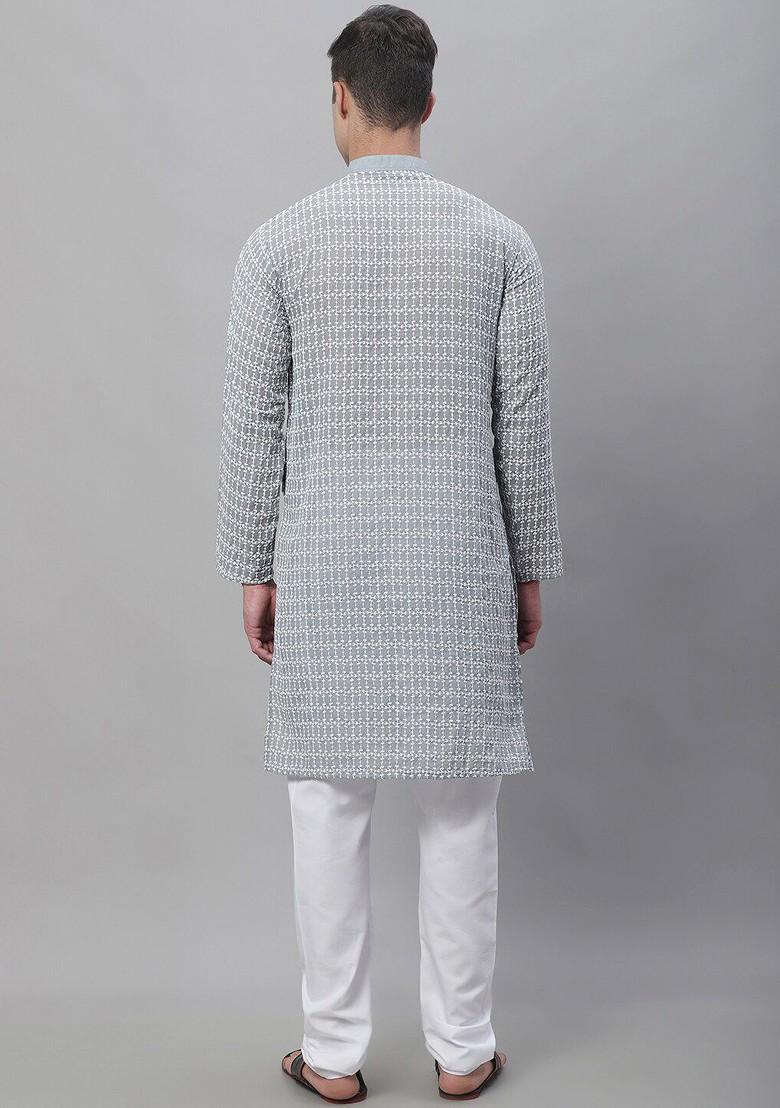 Grey Thread Work Cotton Kurta Set For Men