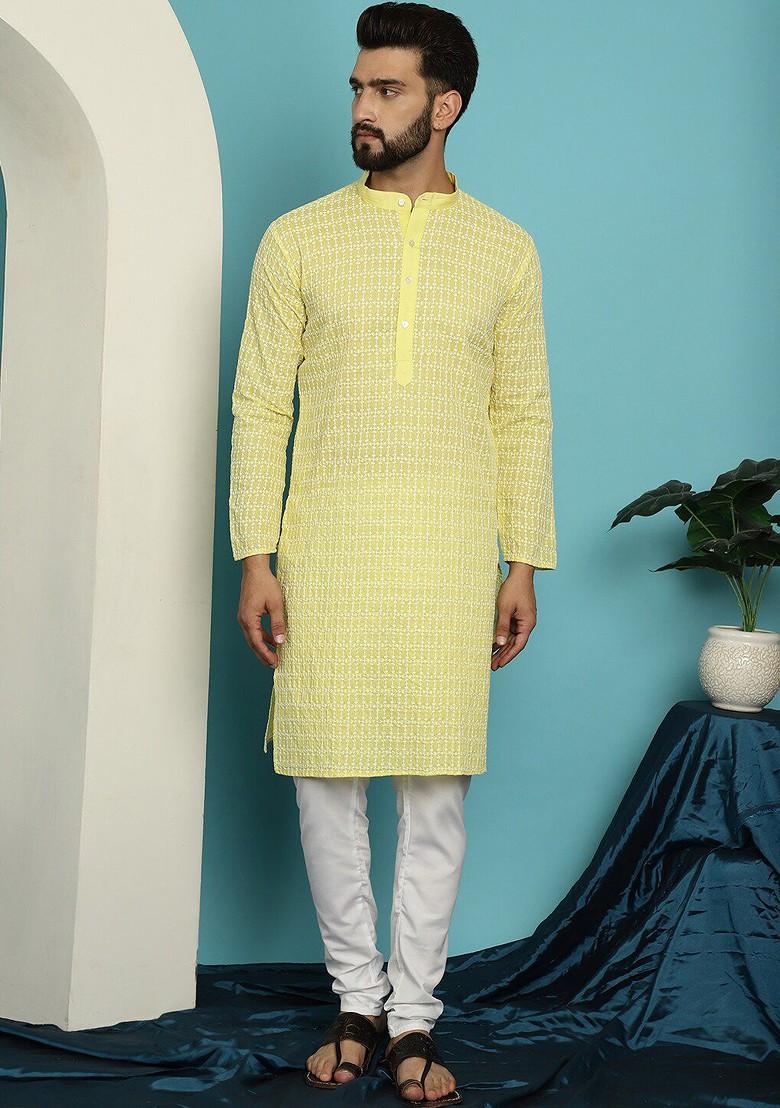Yellow Thread Work Cotton Kurta Set For Men