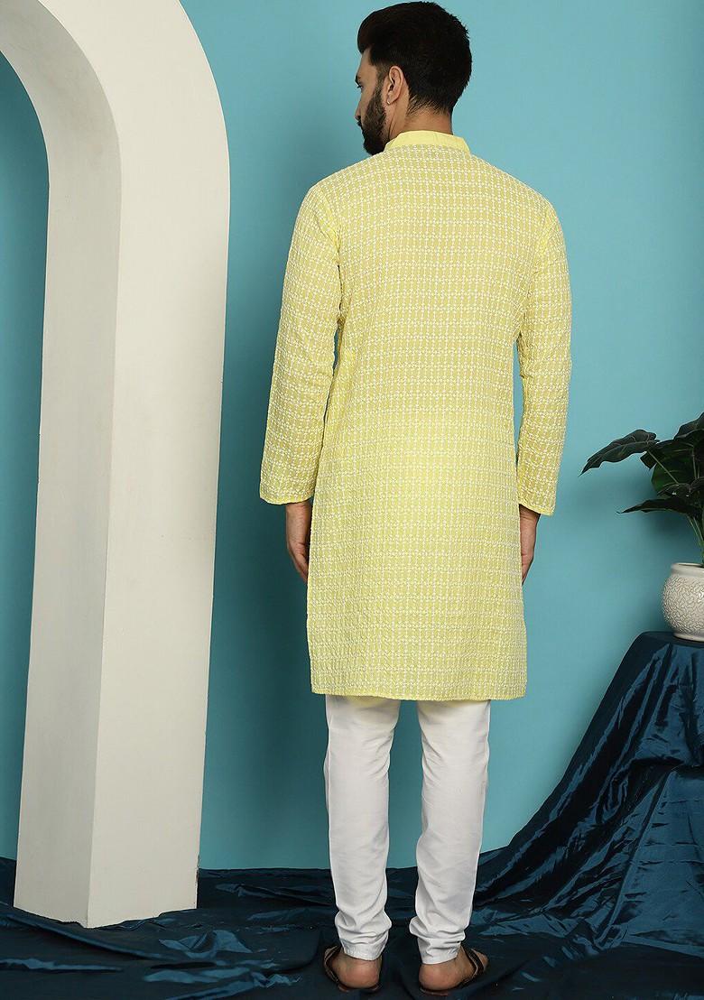 Yellow Thread Work Cotton Kurta Set For Men