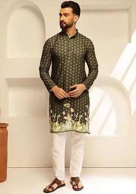 Green Thread Work Cotton Kurta Set For Men