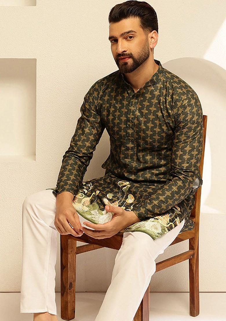 Green Thread Work Cotton Kurta Set For Men
