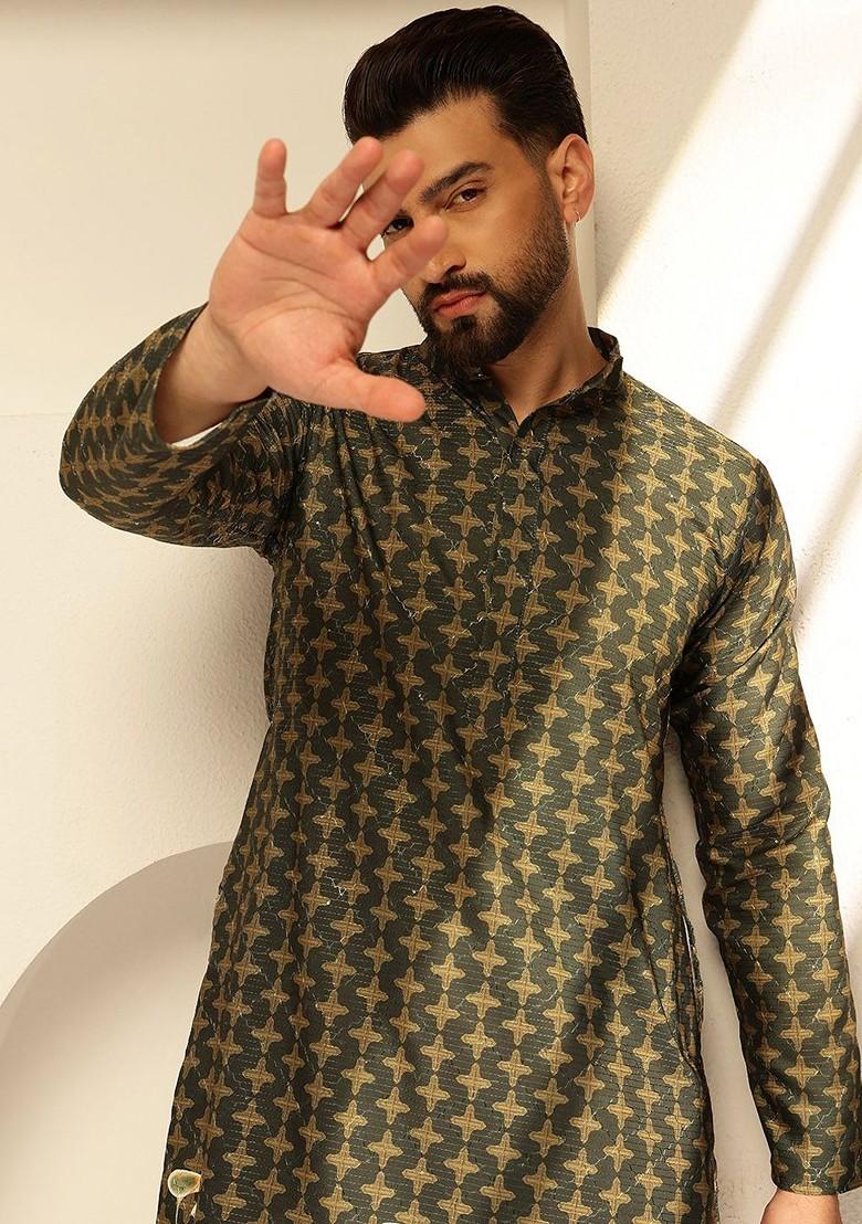 Green Thread Work Cotton Kurta Set For Men