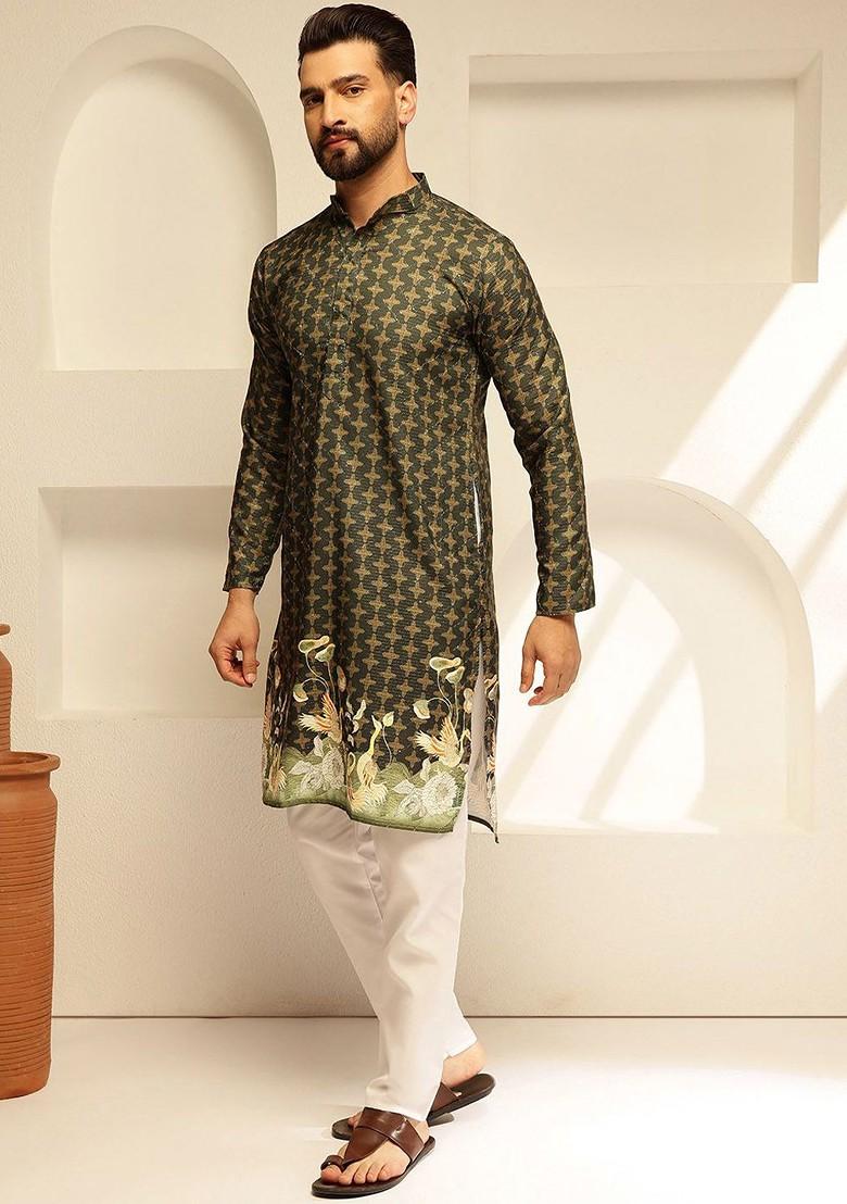 Green Thread Work Cotton Kurta Set For Men