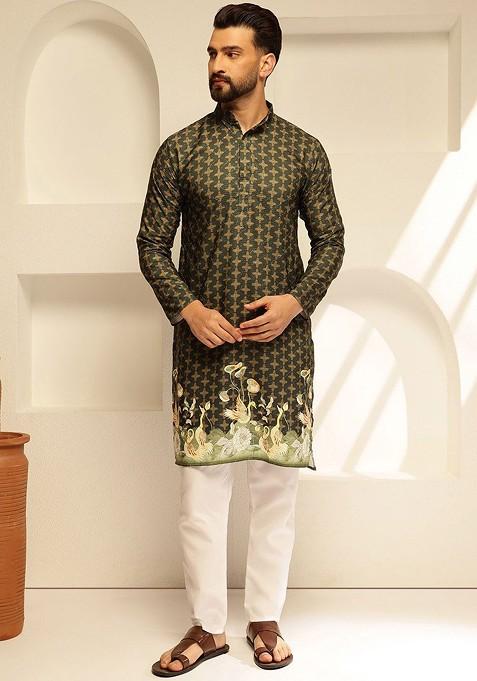 Green Thread Work Cotton Kurta Set For Men