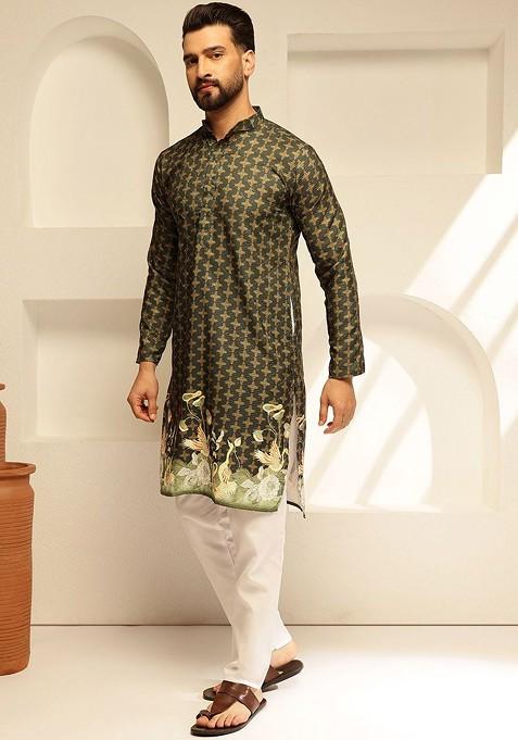 Green Thread Work Cotton Kurta Set For Men