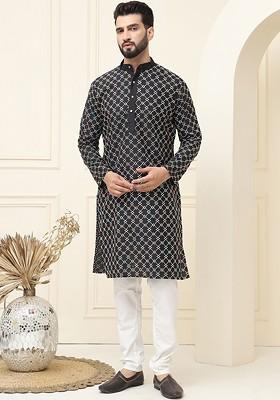 Black Thread Work Cotton Kurta Set For Men