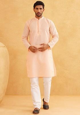 Peach Embroidered Cotton Kurta Set For Men