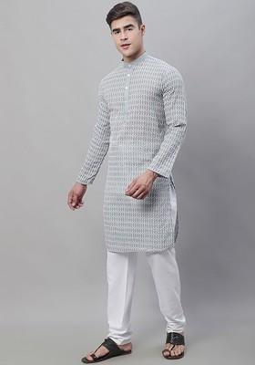 Grey Embroidered Cotton Kurta Set For Men