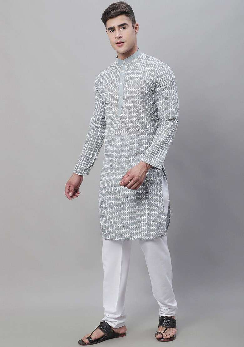 Grey Embroidered Cotton Kurta Set For Men - Indya