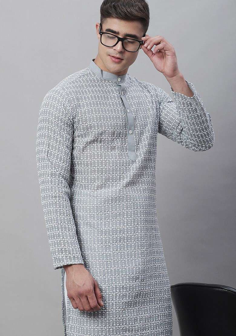 Grey Embroidered Cotton Kurta Set For Men - Indya