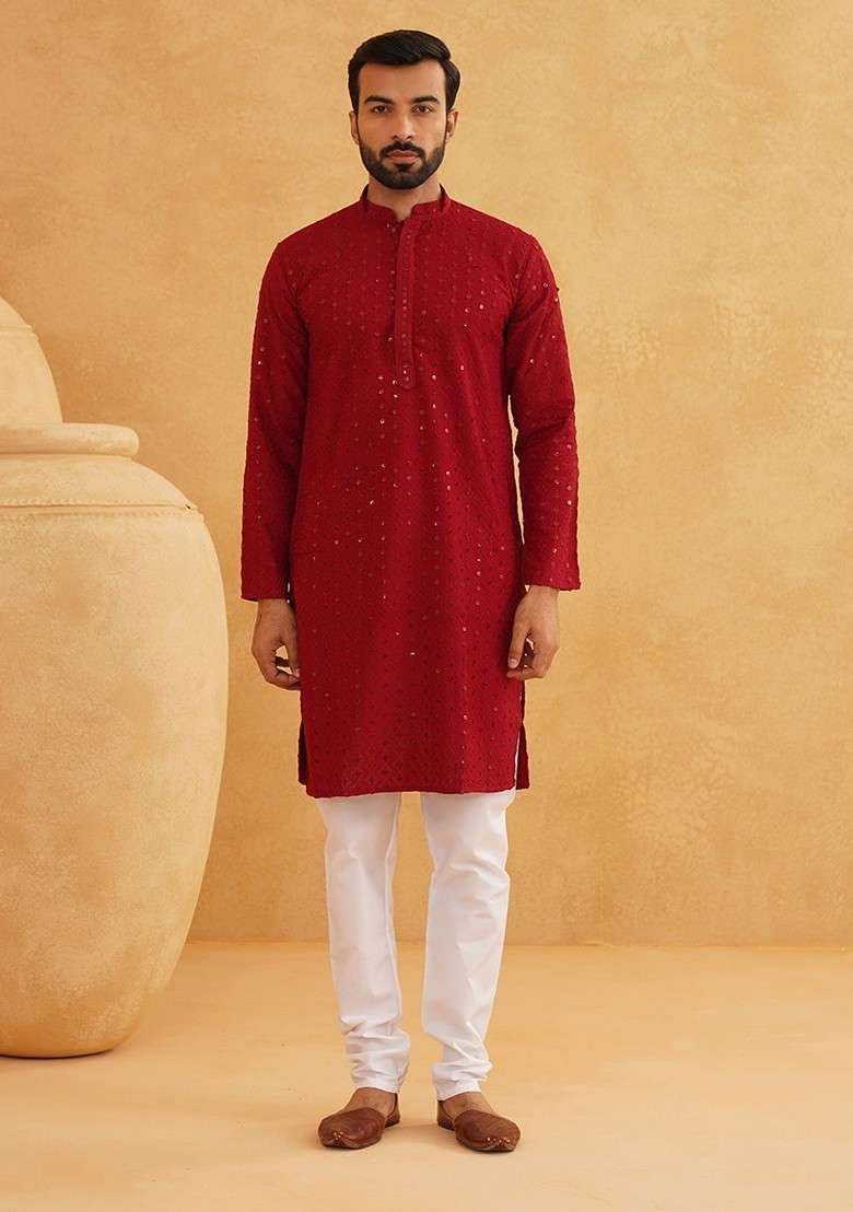Maroon Embroidered Cotton Kurta Set For Men - Indya
