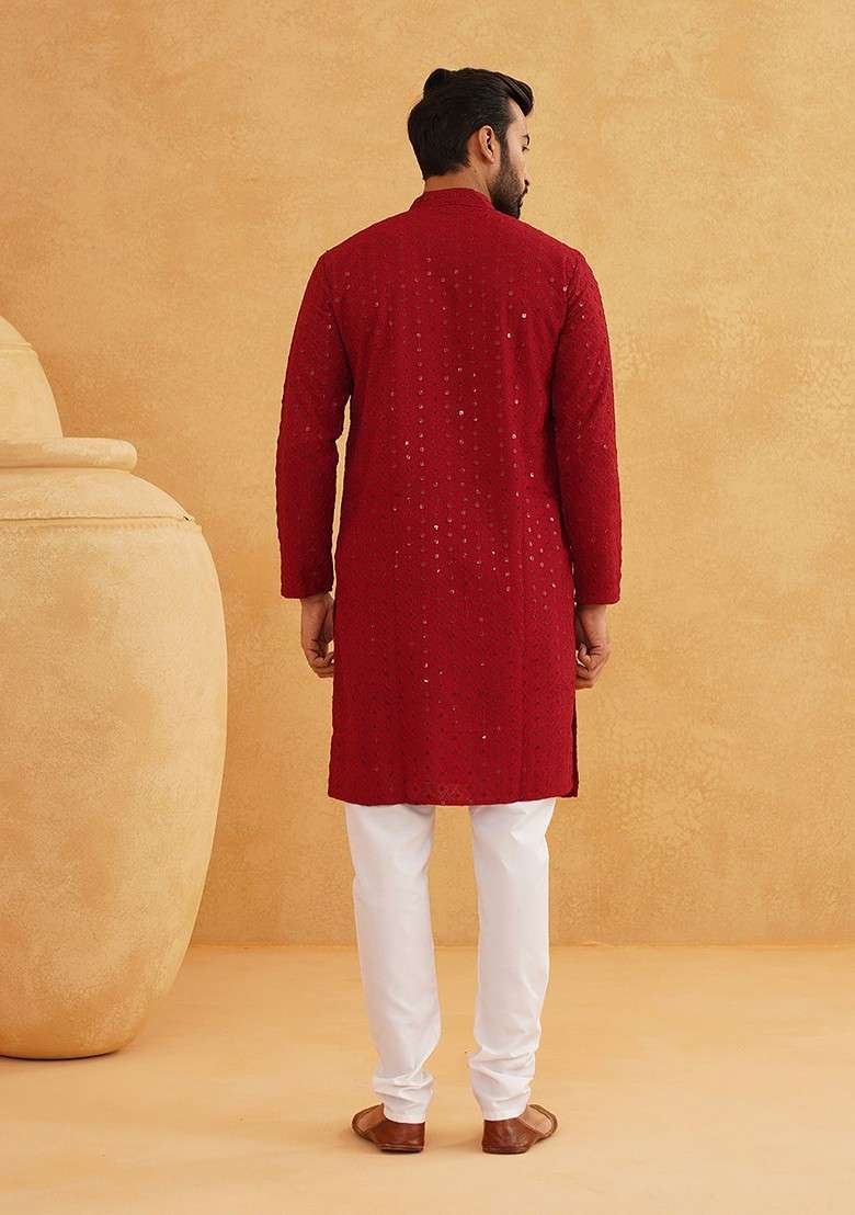 Maroon Embroidered Cotton Kurta Set For Men - Indya