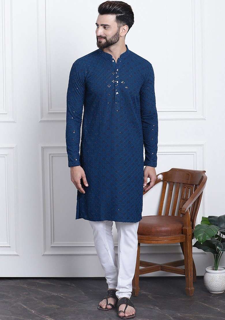 Navy Blue Thread Work Cotton Kurta Set For Men - Indya