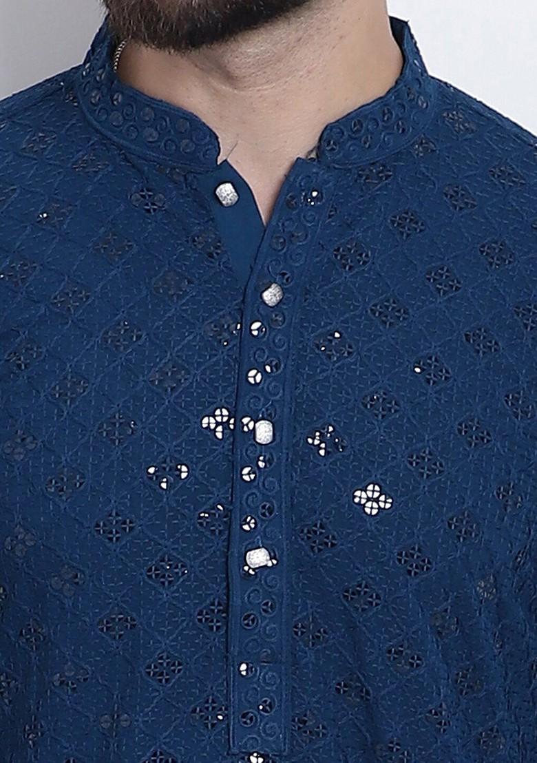 Navy Blue Thread Work Cotton Kurta Set For Men