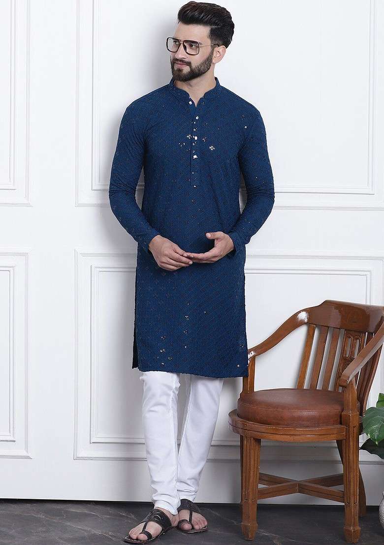 Navy Blue Thread Work Cotton Kurta Set For Men - Indya