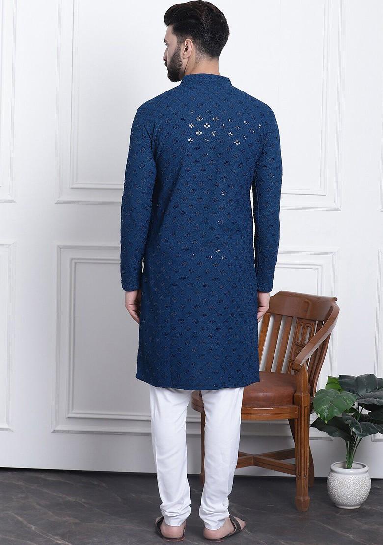 Navy Blue Thread Work Cotton Kurta Set For Men