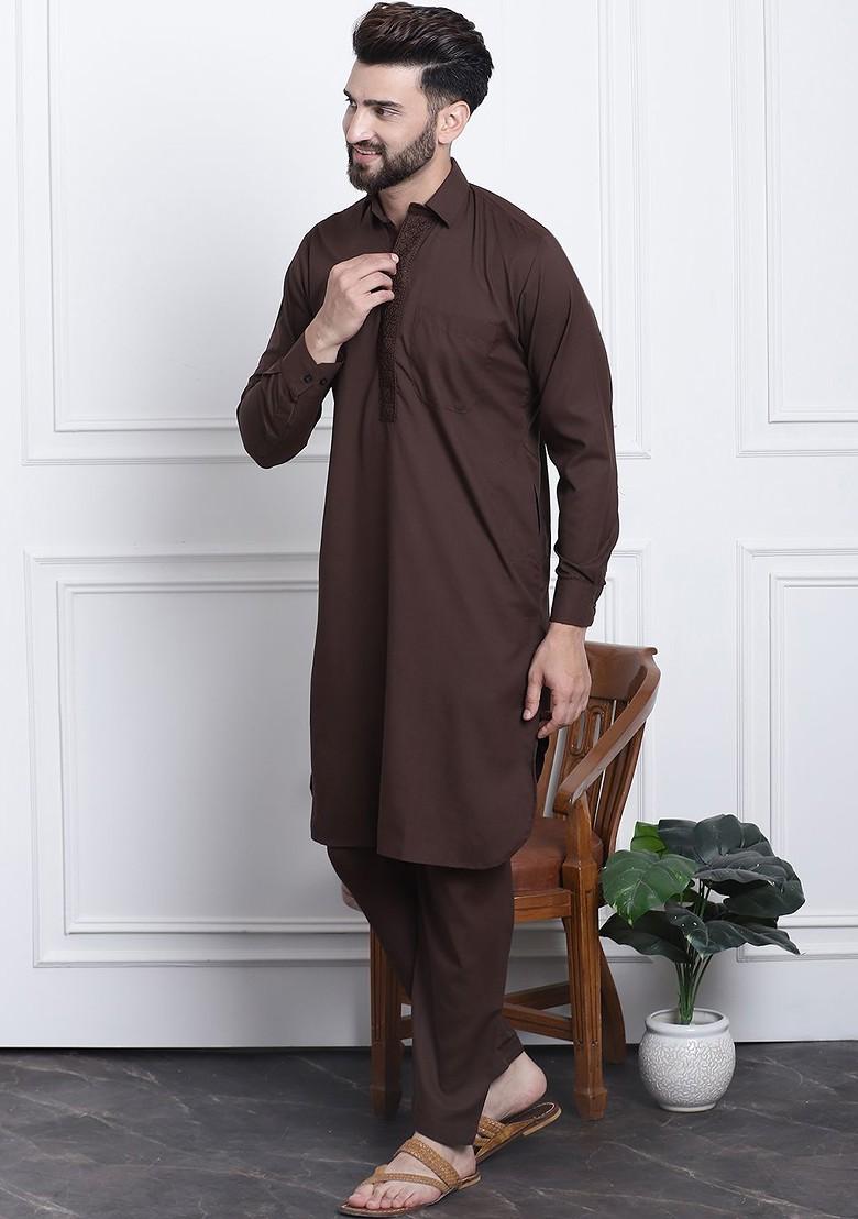 Coffee Brown Solid Cotton Kurta Set For Men