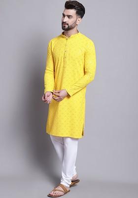 Yellow Embroidered Cotton Kurta Set For Men