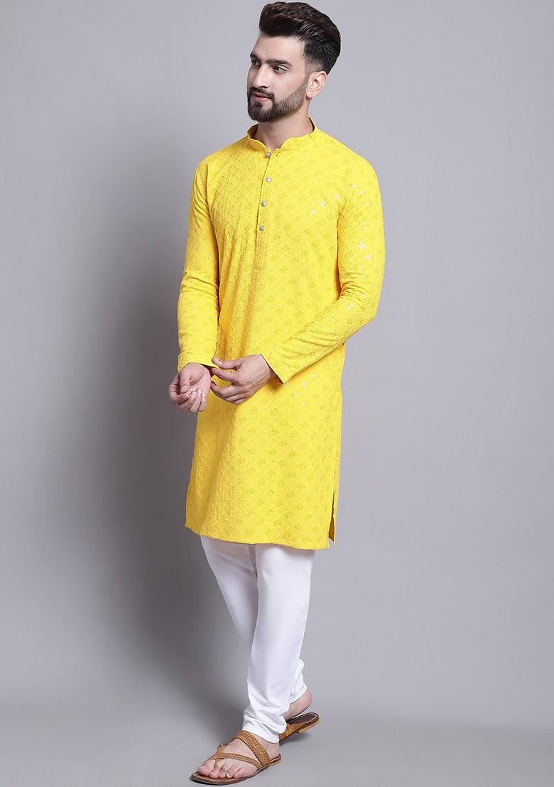 Yellow Embroidered Cotton Kurta Set For Men