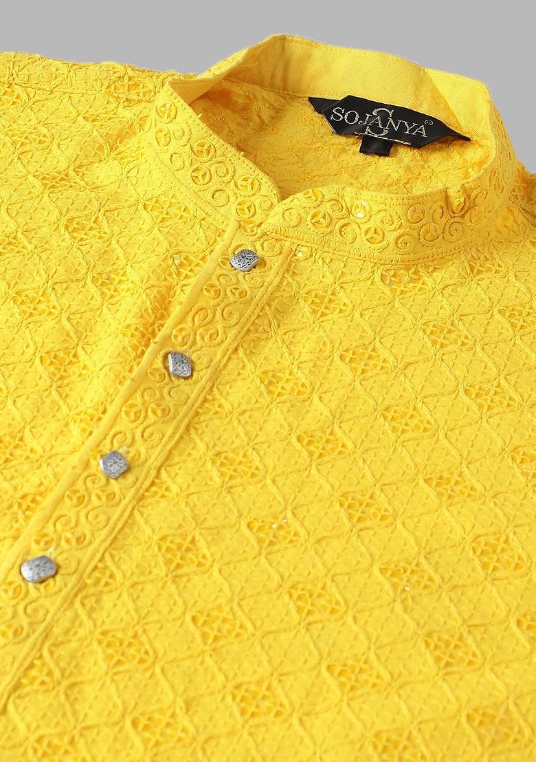 Yellow Embroidered Cotton Kurta Set For Men